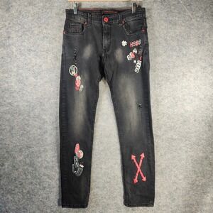 Chopp Shop Jeans Men 30 Skinny Fit Black Punk Faded Graphic Patch Distressed Y2K